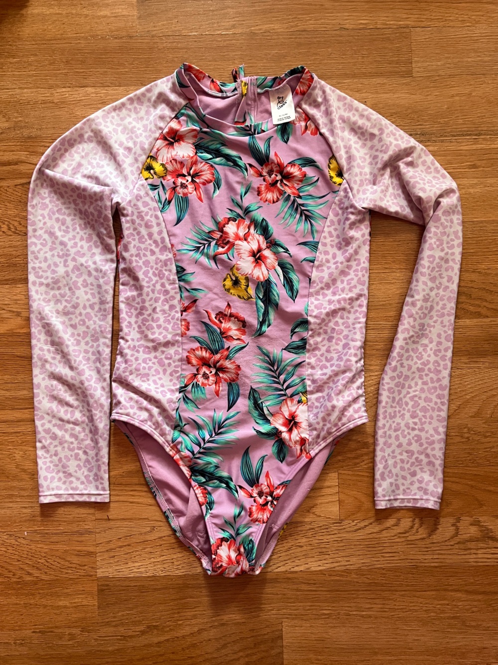 Art Class Purple Floral Tropical Swim Suit with Leopard Sleeves